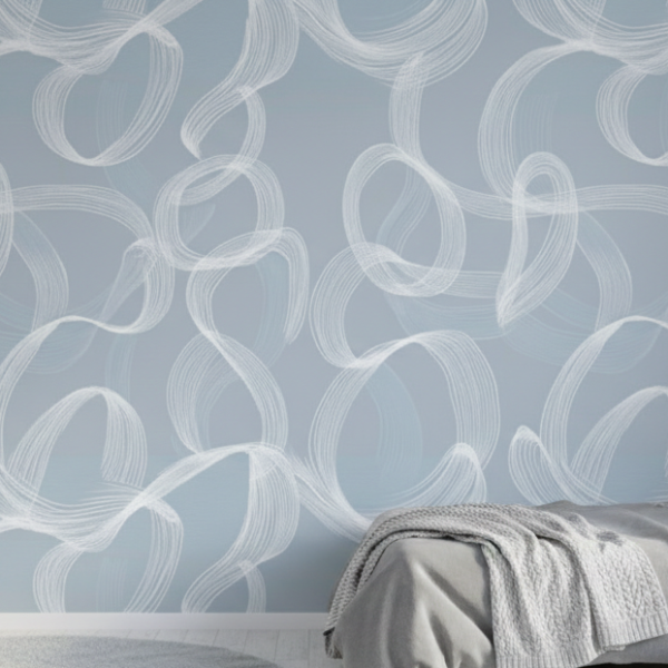 Soft blue abstract wallpaper with flowing white brushstroke loops