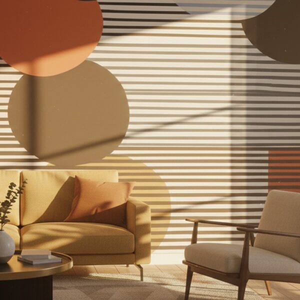 A zoomed-in of Abstract geo stripe mural pattern with bold circular shapes layered over fine black horizontal stripes in rust, blue, cream, and black.