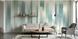 Abstract teal and ivory Glacial Stream mural in a minimalist living room.