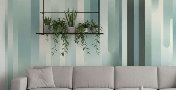A zoomed in of Glacial Stream mural showing flowing vertical shapes in muted green and blue with a contemporary sofa and hanging plants.