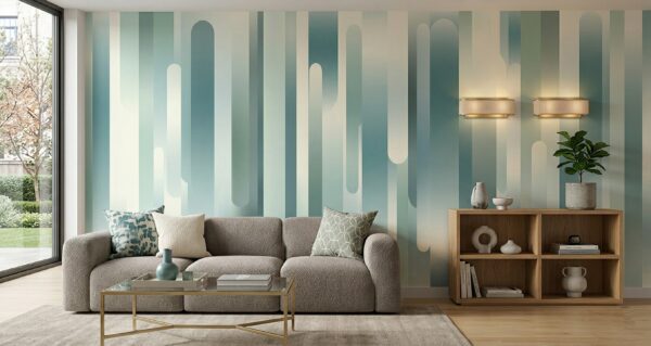 Abstract teal and ivory Glacial Stream mural in a minimalist living room.