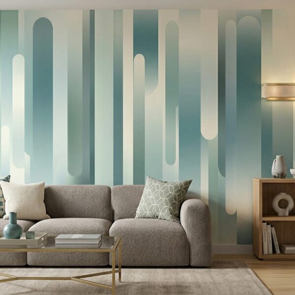 Abstract teal and ivory Glacial Stream mural in a minimalist living room.