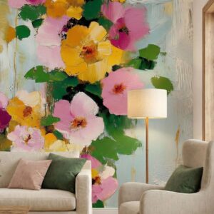A zoomed-in of a floral wall mural featuring soft blush pink, golden yellow, and green blooms, styled in a light-filled bedroom with neutral bedding.