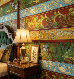 zoomed-in of a elegant bedroom styled with exotic scroll and floral wallpaper, showcasing rich earthy colours, hand-painted botanical details, and a classic vintage atmosphere.