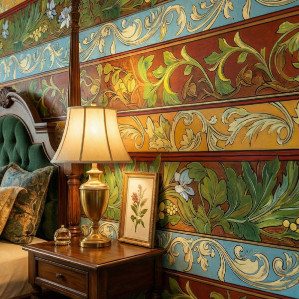 zoomed-in of a elegant bedroom styled with exotic scroll and floral wallpaper, showcasing rich earthy colours, hand-painted botanical details, and a classic vintage atmosphere.