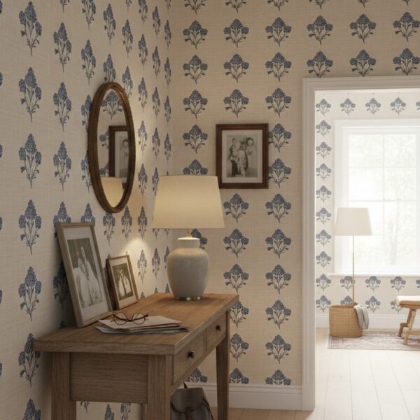 A zoomed-in of indigo blue floral motifs on a warm linen-textured background, paired with a wooden console table and table lamp.