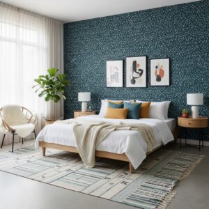 Contemporary bedroom showcasing indigo frost texture wallpaper, light wood bed frame, neutral bedding, and warm accent cushions.