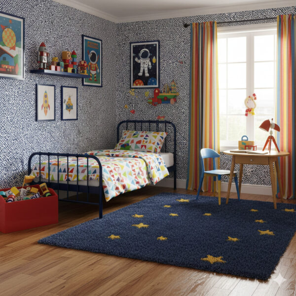 Indigo labyrinth wallpaper in a children’s bedroom with a navy maze pattern, colorful bedding, toys, and framed space-themed artwork.