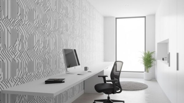 Linear Circuit wallpaper installed along a minimalist office wall with white cabinetry, long desk, and subtle black linear pattern.