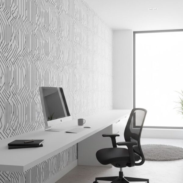 Linear Circuit wallpaper installed along a minimalist office wall with white cabinetry, long desk, and subtle black linear pattern.