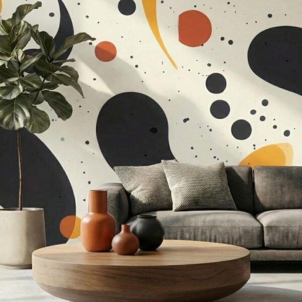 Abstract wall mural with bold black shapes and warm mustard elements on cream