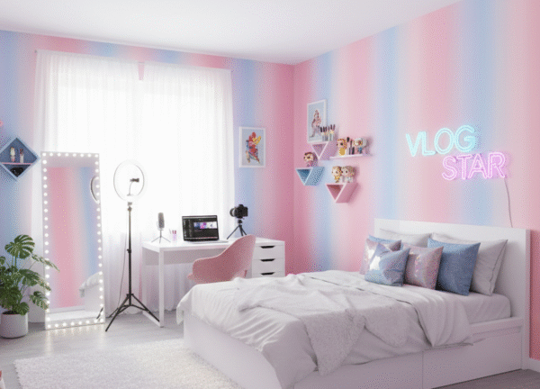 Teen bedroom styled with pastel ombre wallpaper in pink and blue tones, featuring a white bed, desk setup, shelving, and soft ambient lighting.