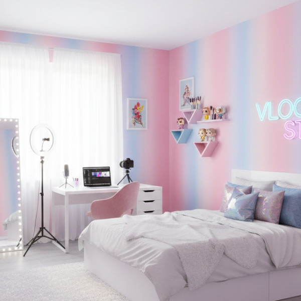 Teen bedroom styled with pastel ombre wallpaper in pink and blue tones, featuring a white bed, desk setup, shelving, and soft ambient lighting.