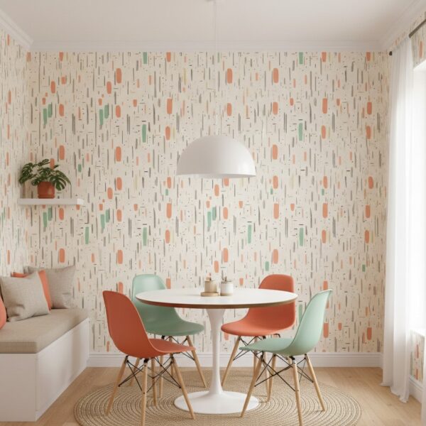Bright dining area featuring pastel abstract wallpaper, round white table, mixed pastel chairs, and a minimalist pendant light.