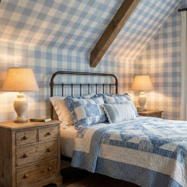 A zoomed-in of powder blue gingham wallpaper installed in a bedroom with sloped ceilings, exposed wood beams, and a metal bed frame.