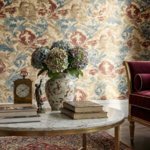zoomed-in of a luxury vintage-style wallpaper with soft botanical damask motifs and a textured, hand-painted appearance