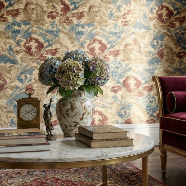 zoomed-in of a luxury vintage-style wallpaper with soft botanical damask motifs and a textured, hand-painted appearance