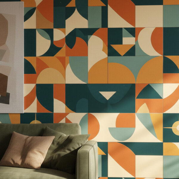 A zoomed-in of Geo mural displayed behind a green sofa with warm lighting, showcasing layered geometric forms and a mid-century color palette.