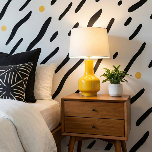 zoomed-in of a lively abstract wallpaper with sweeping black lines on a soft white base