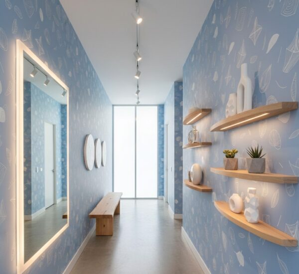 Modern hallway featuring soft blue leaf sketch wallpaper, floating wood shelves, minimal decor, and clean architectural lines.