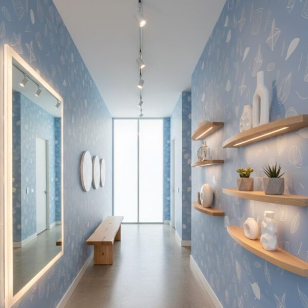 Modern hallway featuring soft blue leaf sketch wallpaper, floating wood shelves, minimal decor, and clean architectural lines.