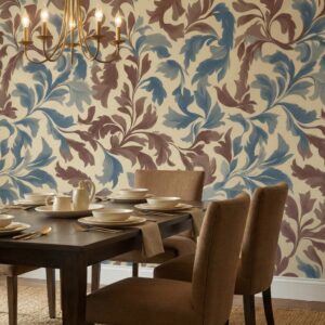 A zoomed-in of a Elegant blue and russet scroll wallpaper in a traditional dining room with wooden table, upholstered chairs, and brass chandelier