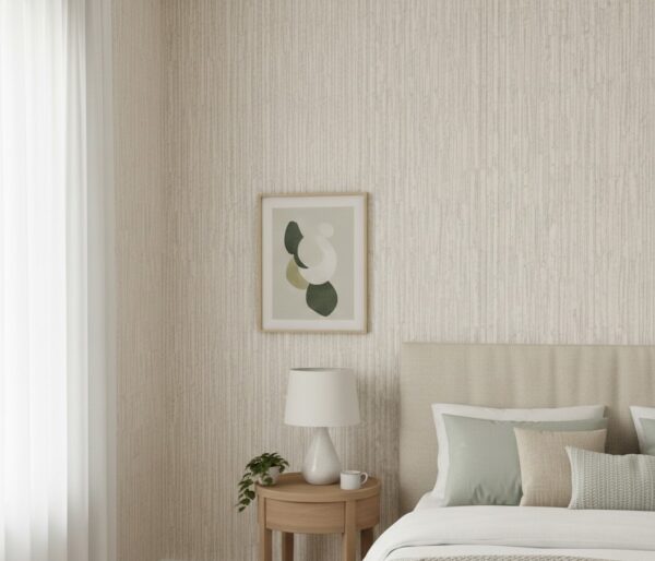 Minimal bedroom vignette with sage bamboo texture wallpaper, light wood nightstand, ceramic lamp, and abstract wall art.