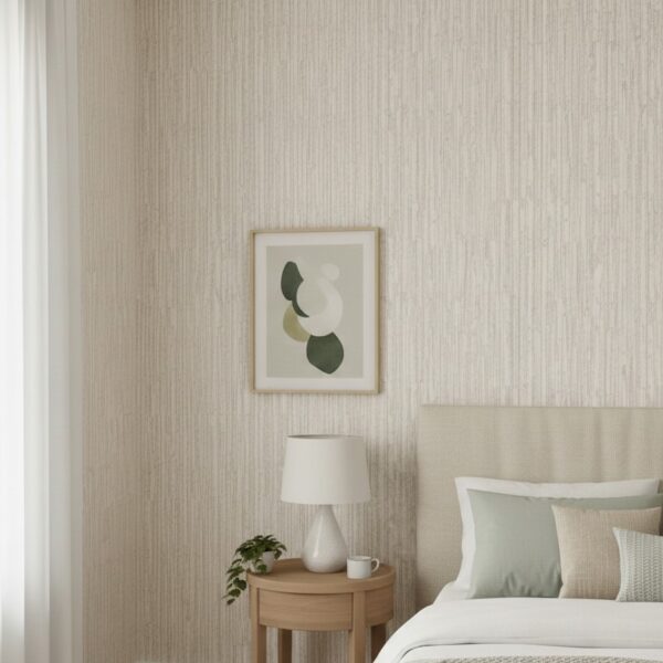 Minimal bedroom vignette with sage bamboo texture wallpaper, light wood nightstand, ceramic lamp, and abstract wall art.