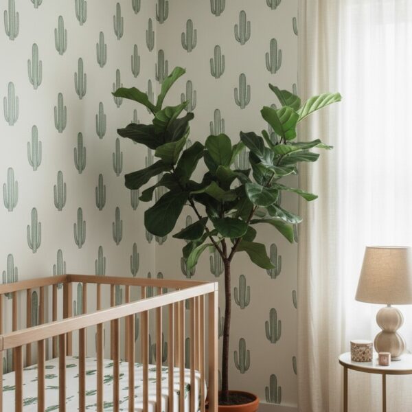 A zoom in of sage cactus wallpaper detail behind a wooden crib and leafy indoor plant in a calm, modern nursery.