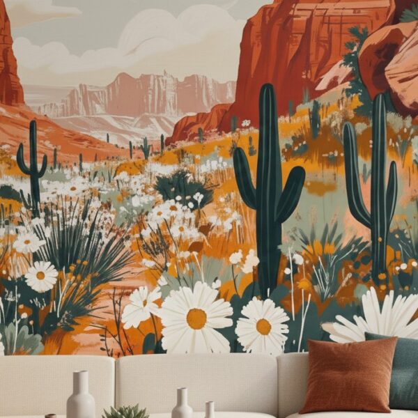 A zoomed in a desert cactus mural with rust and sage tones, styled with a cream sofa and textured cushions.