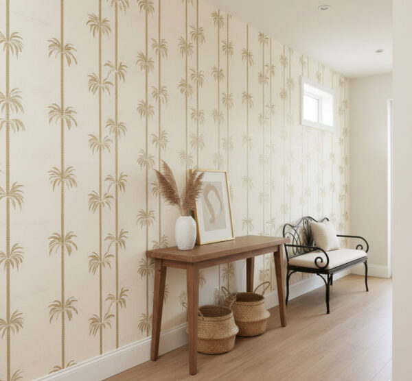 Minimal hallway featuring vertical palm wallpaper in soft sand tones, styled with a wooden table, woven baskets, and a metal bench.