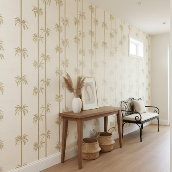 Minimal hallway featuring vertical palm wallpaper in soft sand tones, styled with a wooden table, woven baskets, and a metal bench.