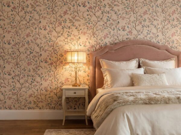 A zoomed-in of a soft floral branch wallpaper behind a blush upholstered bed, featuring delicate blossoms in muted pink, sage green, and warm cream tones.