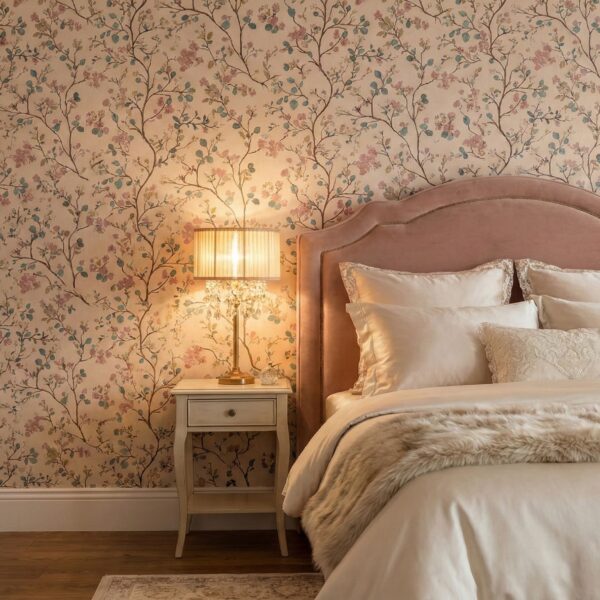 A zoomed-in of a soft floral branch wallpaper behind a blush upholstered bed, featuring delicate blossoms in muted pink, sage green, and warm cream tones.