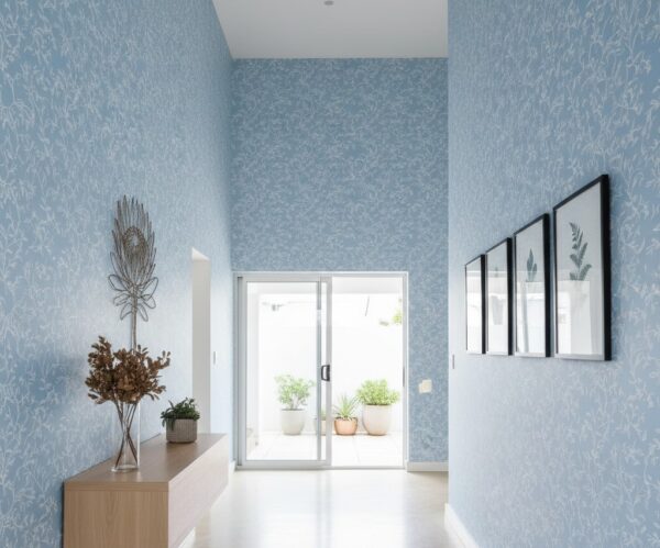 Bright entryway featuring sky blue botanical sketch wallpaper, light wood console, framed artwork, and soft natural light.