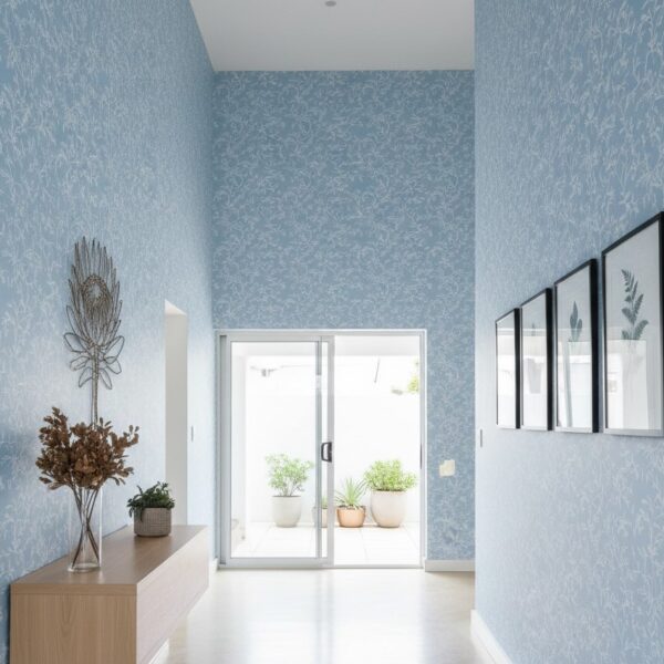 Bright entryway featuring sky blue botanical sketch wallpaper, light wood console, framed artwork, and soft natural light.