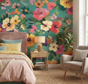 Lush teal floral mural filling a serene bedroom with warm wood accents and soft natural light.