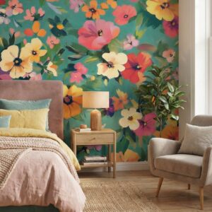 Lush teal floral mural filling a serene bedroom with warm wood accents and soft natural light.