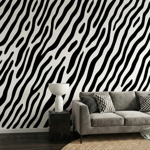 Zebra wave black and white mural in a contemporary living room with lounge chair and natural rug.