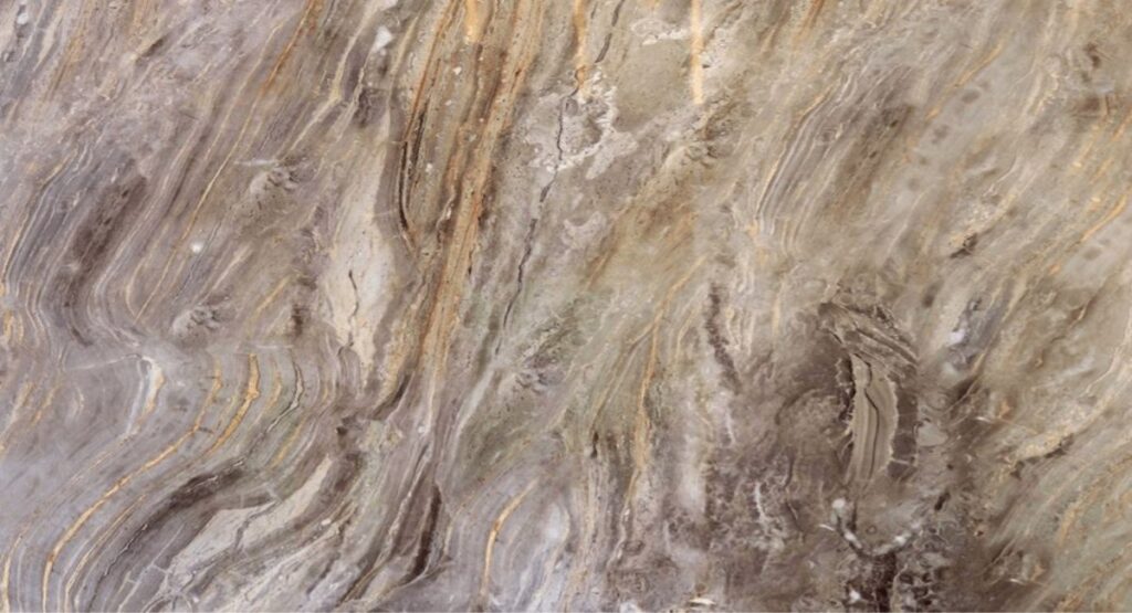 Brown and gray abstract wavy marble wallpaper with gold accents