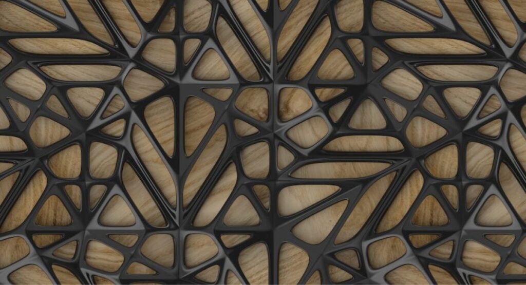 Mural Imprison wallpaper that depicts a black geometric lattice over a wood grain
