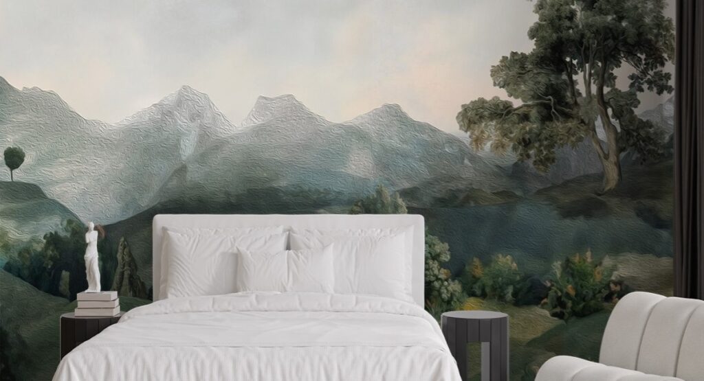Tree Atop a Hill in Oil nature wallpaper in a bedroom