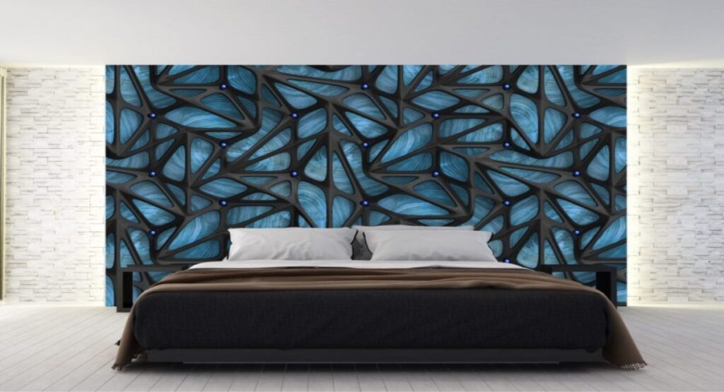A 3D Mural Holdings  wallpaper behind a headboard in a bedroom