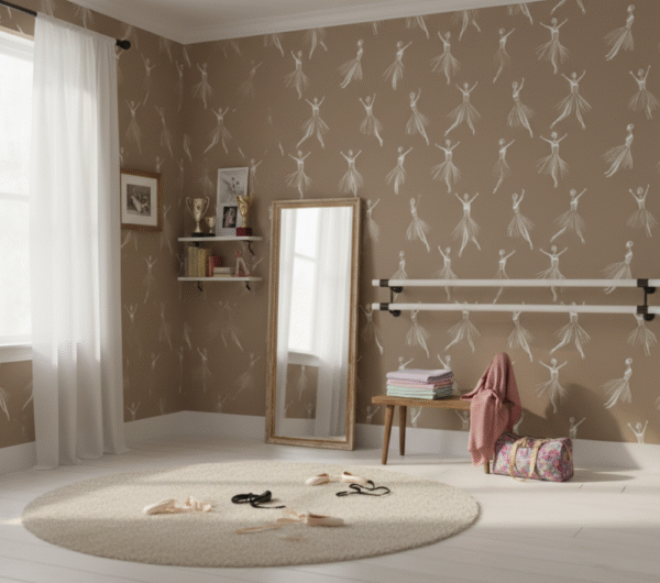 Ballet-inspired room featuring Prima Ballerina wallpaper with white dancing figures on taupe walls, styled with mirrors, ballet barres, and practice accessories.