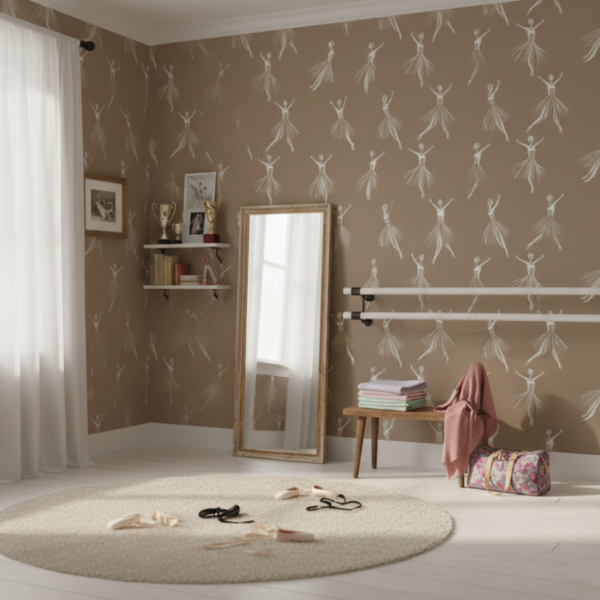 Ballet-inspired room featuring Prima Ballerina wallpaper with white dancing figures on taupe walls, styled with mirrors, ballet barres, and practice accessories.