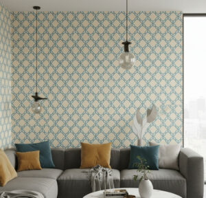 blue chain link wallpaper in a modern living room with gray sectional sofa, pendant lights, and accent cushions
