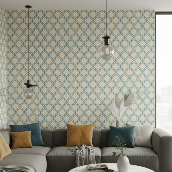 blue chain link wallpaper in a modern living room with gray sectional sofa, pendant lights, and accent cushions