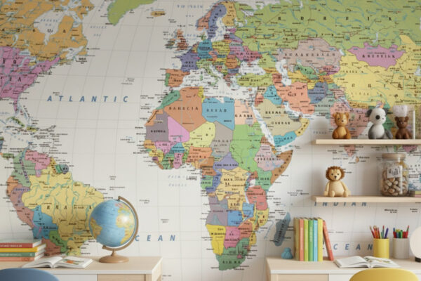 A zoomed-in of a children’s study space, showing Africa and Europe with pastel country colours, wooden shelves, books, and soft toys.
