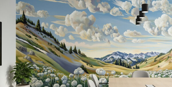 A zoomed-in a of alpine meadow mural with white wildflowers, layered hills, evergreen trees, and textured painted clouds
