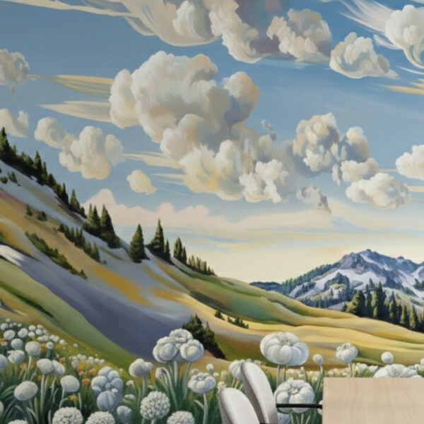 A zoomed-in a of alpine meadow mural with white wildflowers, layered hills, evergreen trees, and textured painted clouds
